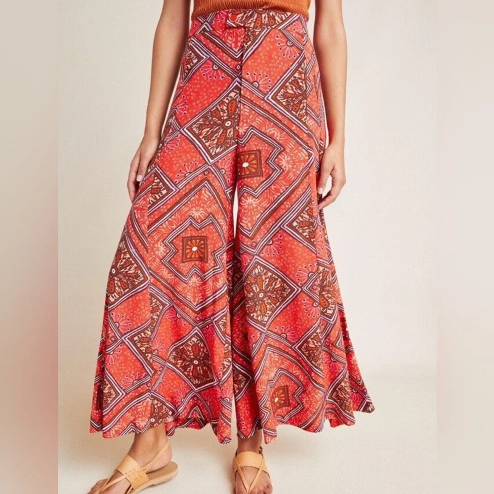 Anthropologie Skirted Wide Leg Pants Red Geometric Print High Rise 6 - Picture 1 of 7
